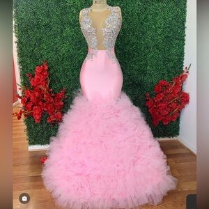 Mermaid Evening Gown - Illusion Lace Bodice Rhinestone Appliqué Ruffle Train